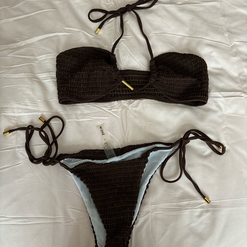 SHEIN brown ribbed with gold bikini
